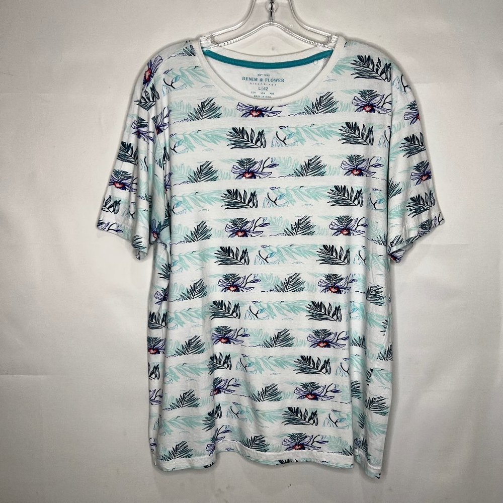 Denim & Flower Men’s Shirt sz Lg 100% Cotton Tropical Floral Design Short Sleeve
